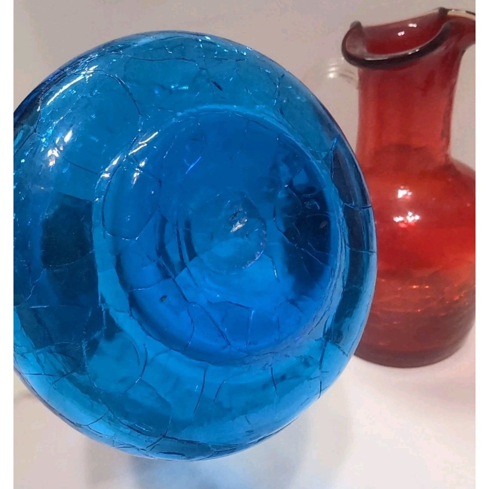 Vintage Cracked Glass Hand Blown Mini Pitchers / Bud Vases Set Of 2 Art Glass - Picture 15 of 15